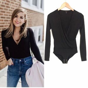 J. CREW Long Sleeve V-neck Wrap Bodysuit Modal Blend In Black Size Small